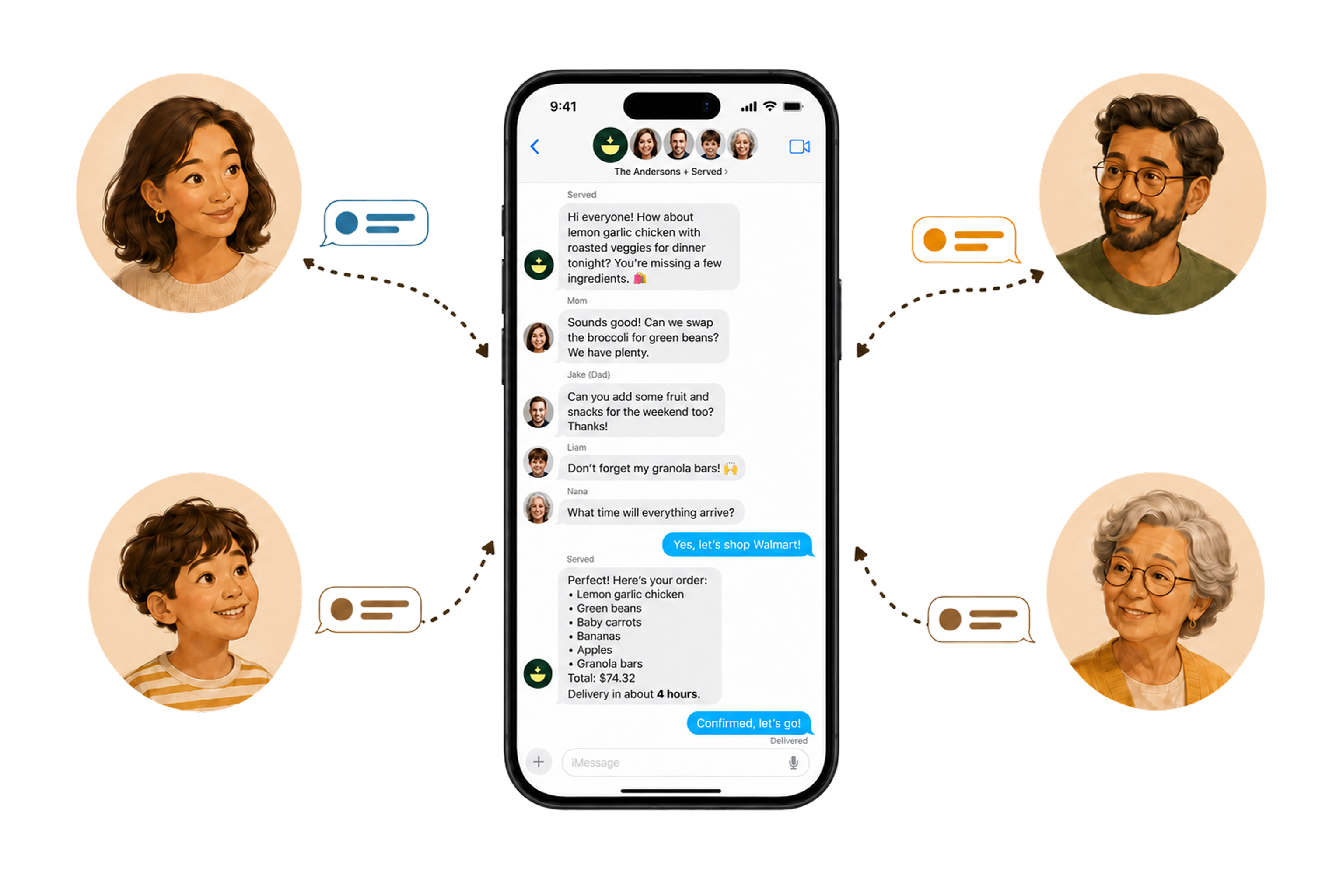 A family group text thread named The Andersons plus Served, where household members chat and Served replies with one combined grocery order.