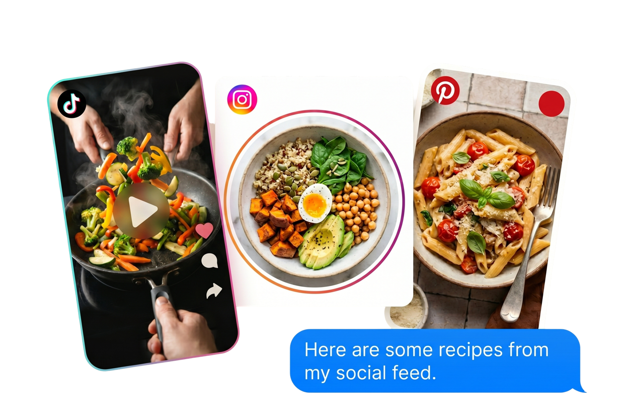 Recipe posts from TikTok, Instagram, and Pinterest shared into the Served text thread, which replies with the recipes from your social feed.